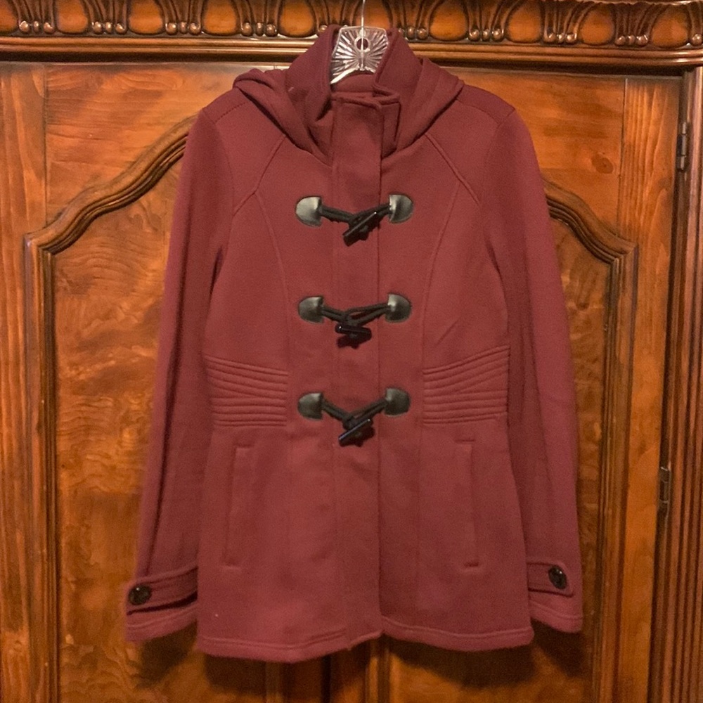 Sebby: Cotton Blend Maroon Hooded Thin Coat with Black Toggles